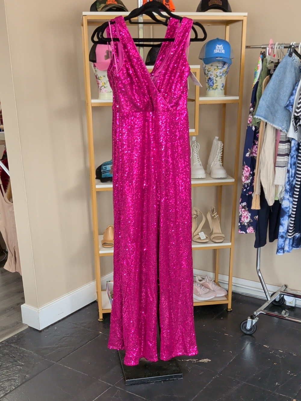 Sequin V-Neck Wide-Leg Jumpsuit in Fuchsia